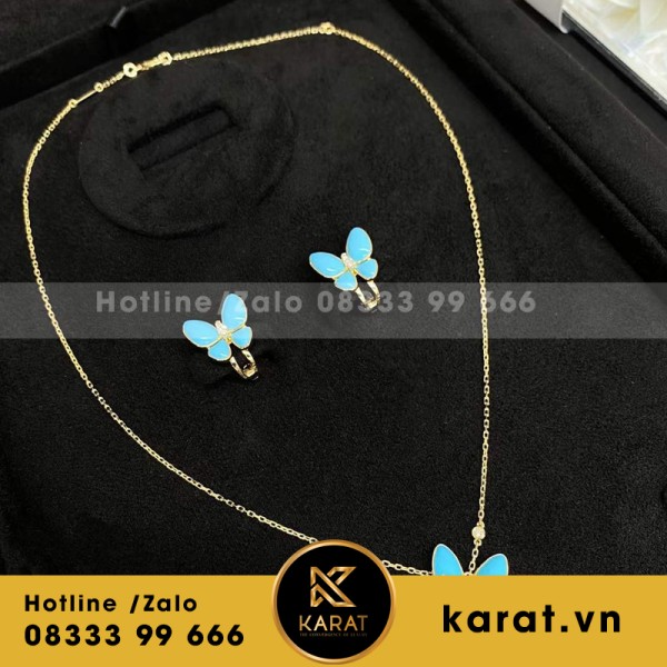 Dây chuyền và Hoa Tai Van Cleef & Arpels Two Butterfly Turquoise and Diamond Gold 18k