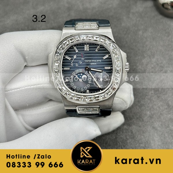 Đồng hồ Patek philippe nautilus 5724g-001 chế tác vàng trắng 18k kim cương thiên nhiên baguette